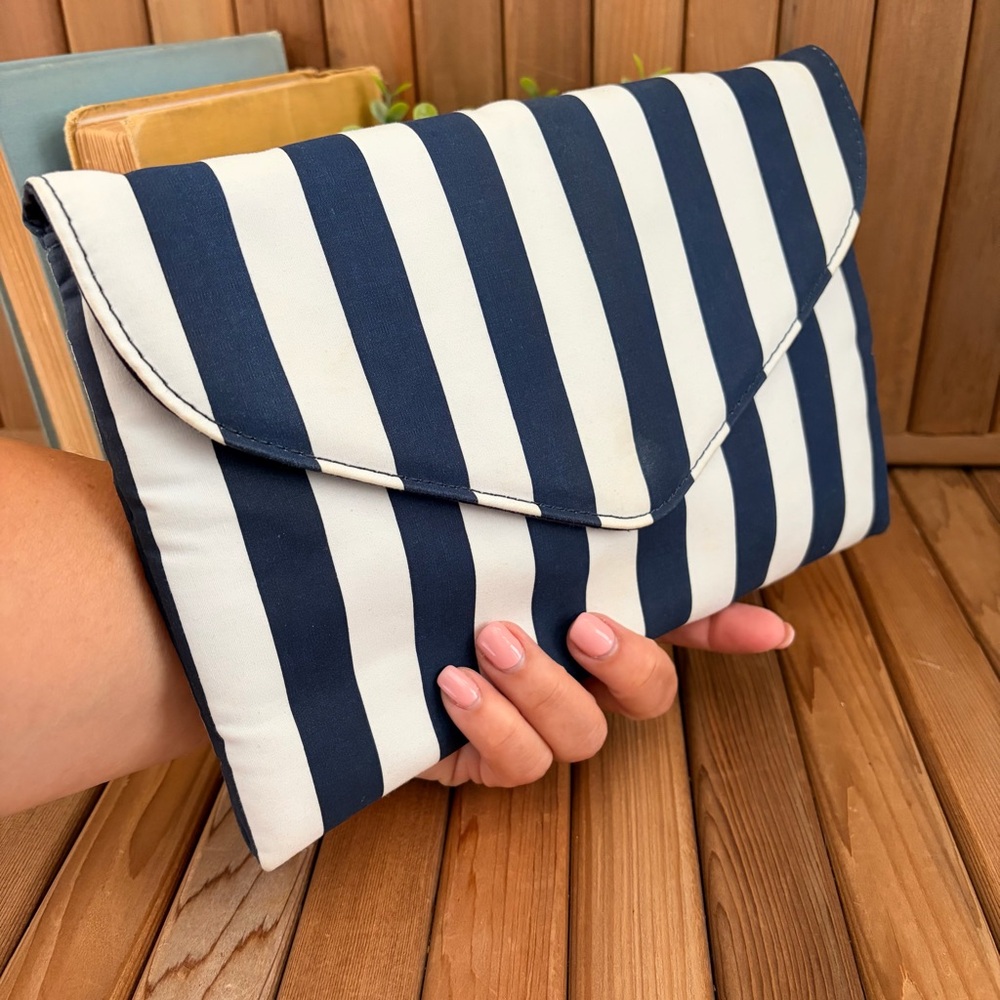 J. Crew Navy Striped Crossbody Clutch Bag, Nautical Brass Chain Strap - Picture 7 of 7